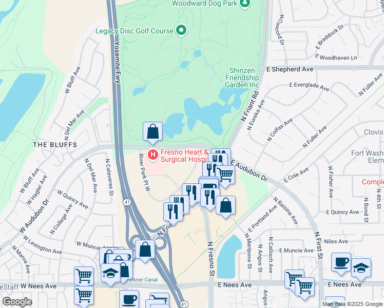 map of restaurants, bars, coffee shops, grocery stores, and more near 10 River Park Place East in Fresno