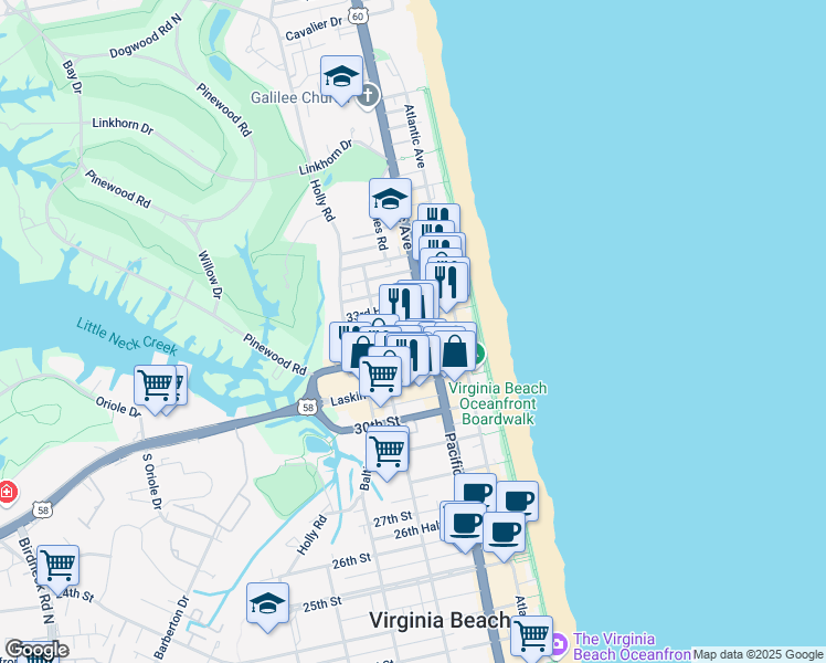 map of restaurants, bars, coffee shops, grocery stores, and more near 311 33rd Street in Virginia Beach