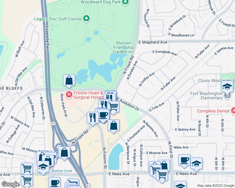 map of restaurants, bars, coffee shops, grocery stores, and more near 72 East Audubon Drive in Fresno