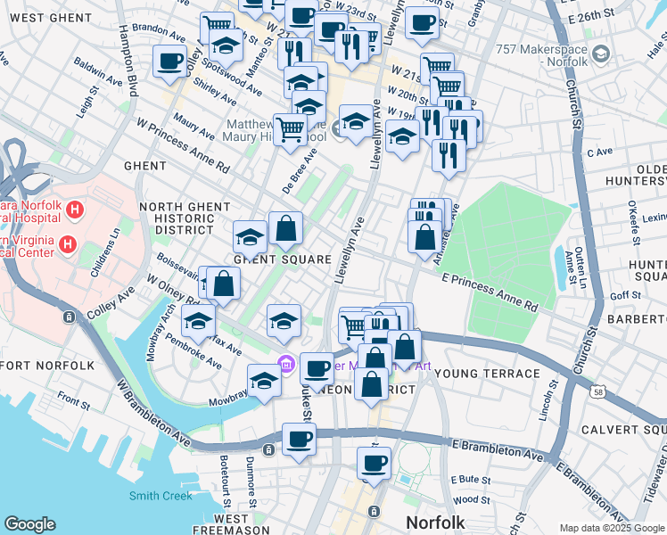 map of restaurants, bars, coffee shops, grocery stores, and more near 1023 Llewellyn Mews in Norfolk