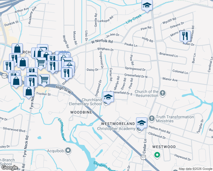 map of restaurants, bars, coffee shops, grocery stores, and more near 3512 Carter Road in Portsmouth