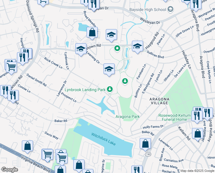 map of restaurants, bars, coffee shops, grocery stores, and more near 718 Oak Hurst Court in Virginia Beach