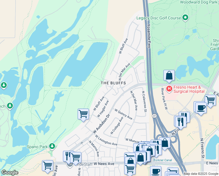 map of restaurants, bars, coffee shops, grocery stores, and more near in Fresno