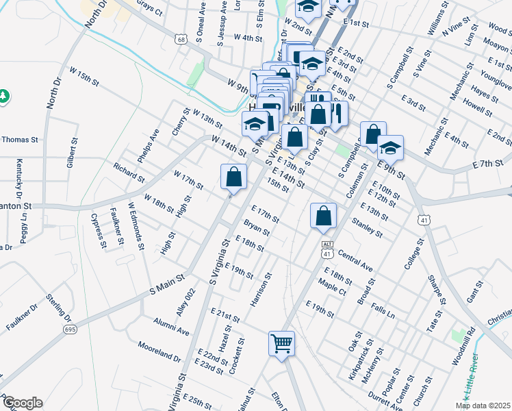 map of restaurants, bars, coffee shops, grocery stores, and more near 1610 South Virginia Street in Hopkinsville