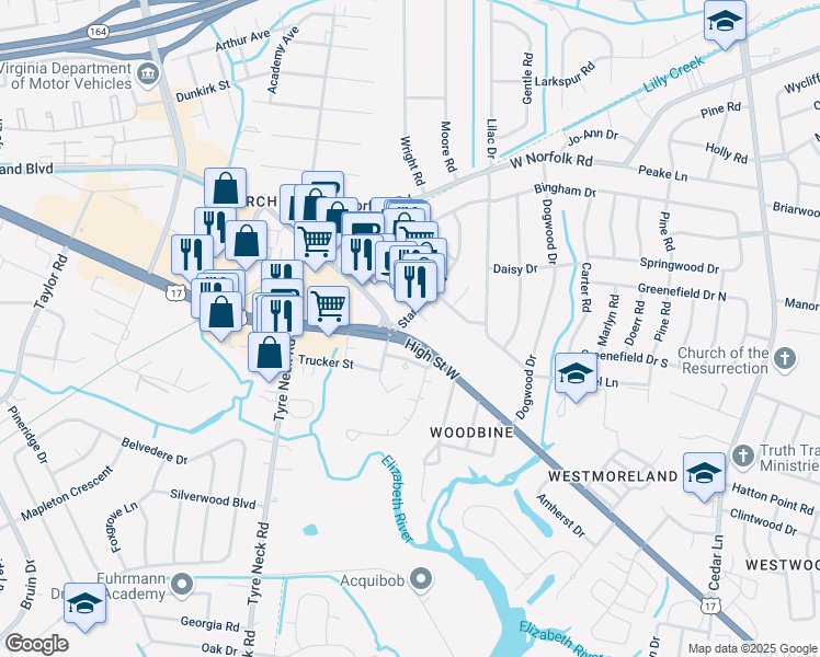 map of restaurants, bars, coffee shops, grocery stores, and more near 3205 Stamford Road in Portsmouth