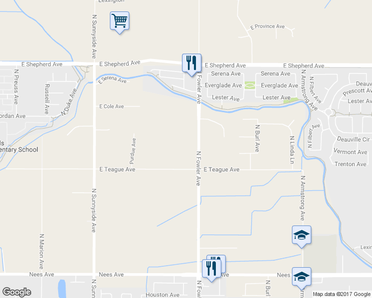 map of restaurants, bars, coffee shops, grocery stores, and more near 8541 North Fowler Avenue in Clovis