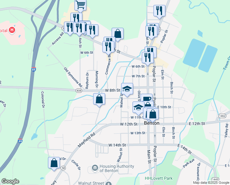 map of restaurants, bars, coffee shops, grocery stores, and more near 700-760 Oak Level Road in Benton