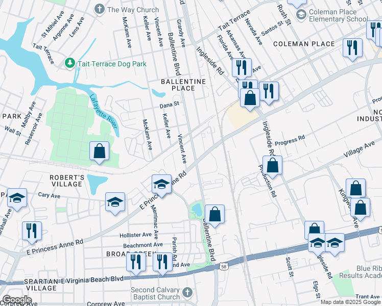 map of restaurants, bars, coffee shops, grocery stores, and more near 2121 Ballentine Boulevard in Norfolk