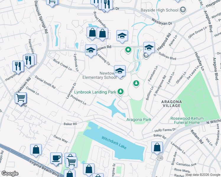 map of restaurants, bars, coffee shops, grocery stores, and more near 712 Crystal Springs Court in Virginia Beach