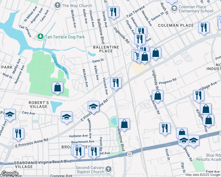 map of restaurants, bars, coffee shops, grocery stores, and more near 2121 Ballentine Boulevard in Norfolk
