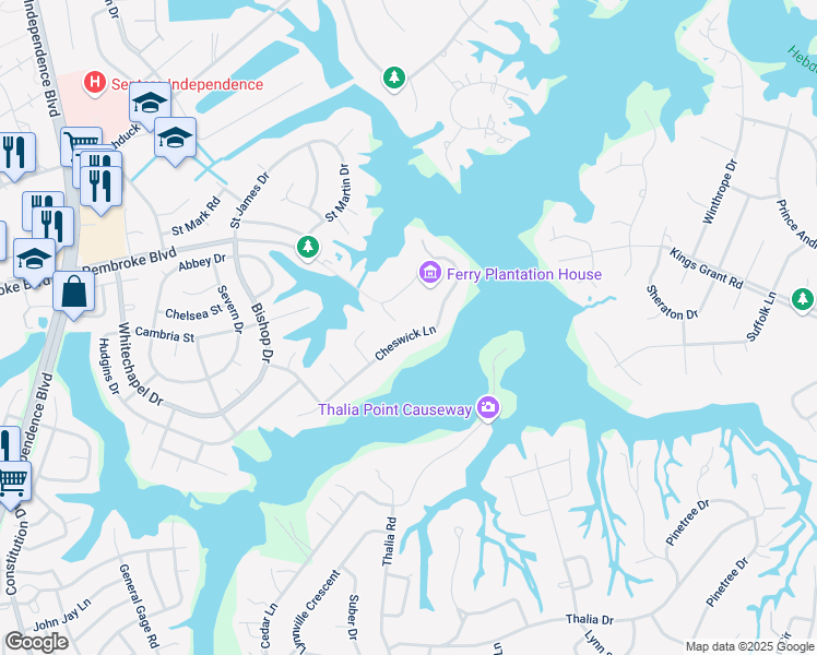 map of restaurants, bars, coffee shops, grocery stores, and more near 4192 Cheswick Lane in Virginia Beach