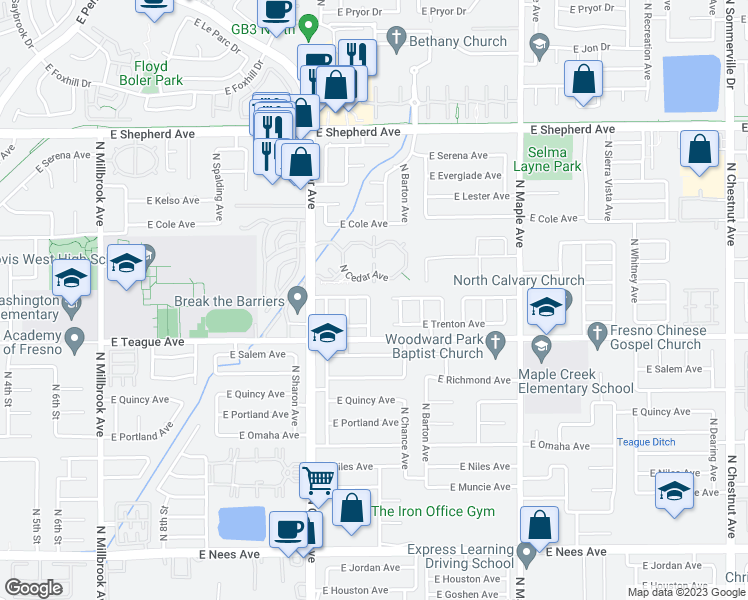 map of restaurants, bars, coffee shops, grocery stores, and more near 8572 North Rowell Avenue in Fresno