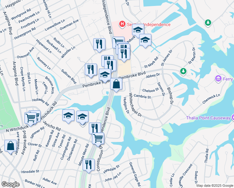 map of restaurants, bars, coffee shops, grocery stores, and more near 700 Independence Boulevard in Virginia Beach
