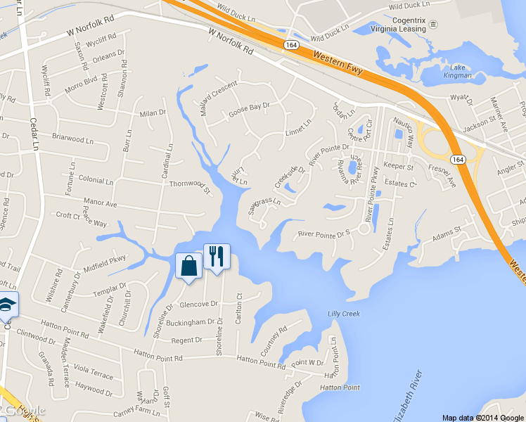 map of restaurants, bars, coffee shops, grocery stores, and more near 1505 Sawgrass Lane in Portsmouth
