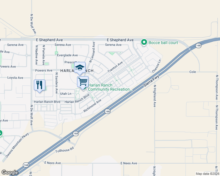 map of restaurants, bars, coffee shops, grocery stores, and more near 3902 Harlan Ranch Boulevard in Clovis