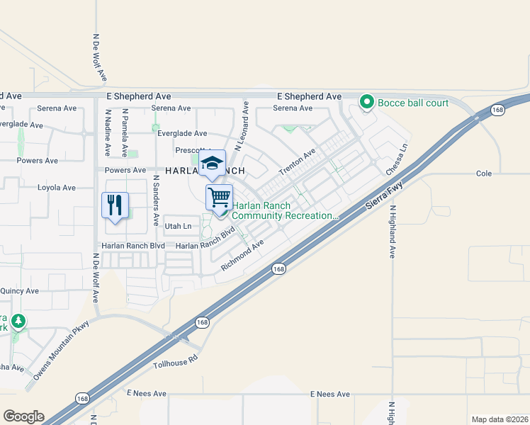 map of restaurants, bars, coffee shops, grocery stores, and more near 3902 Harlan Ranch Boulevard in Clovis