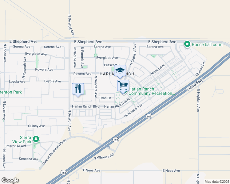 map of restaurants, bars, coffee shops, grocery stores, and more near 3683 Vermont Lane in Clovis