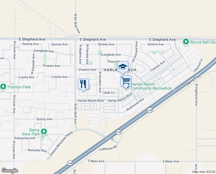 map of restaurants, bars, coffee shops, grocery stores, and more near 3635 Vermont Lane in Clovis