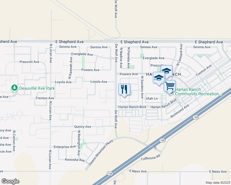 map of restaurants, bars, coffee shops, grocery stores, and more near 1692 North Broadbent Lane in Clovis