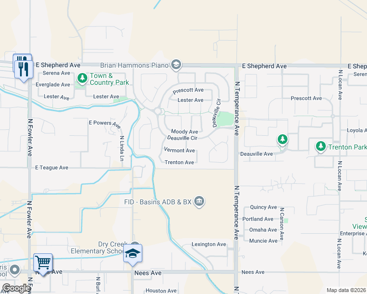 map of restaurants, bars, coffee shops, grocery stores, and more near 2410 Deauville Circle in Clovis