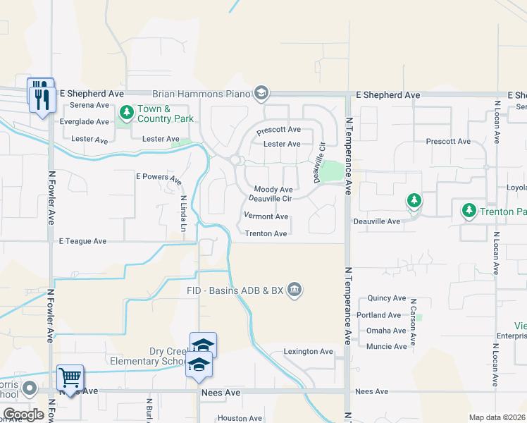 map of restaurants, bars, coffee shops, grocery stores, and more near 2350 Deauville Circle in Clovis