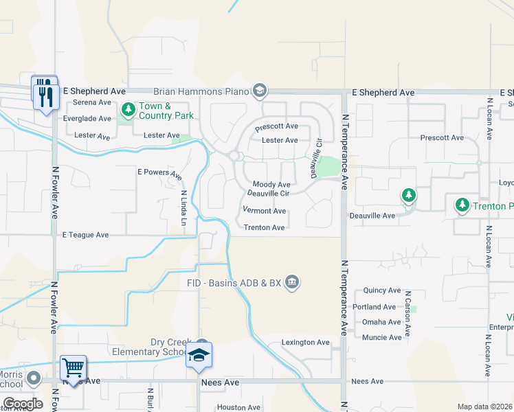 map of restaurants, bars, coffee shops, grocery stores, and more near 2350 Deauville Circle in Clovis