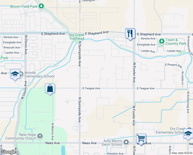 map of restaurants, bars, coffee shops, grocery stores, and more near 5090 Teague Avenue in Clovis
