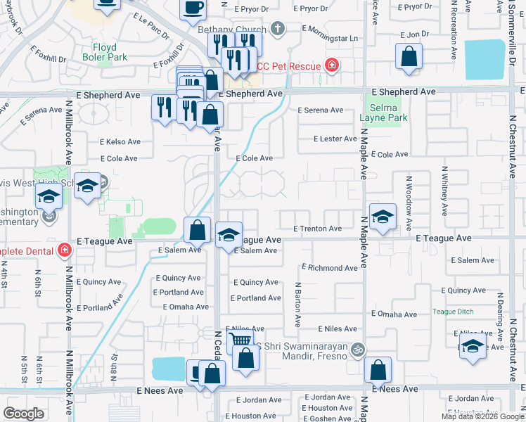 map of restaurants, bars, coffee shops, grocery stores, and more near 8582 North Rowell Avenue in Fresno