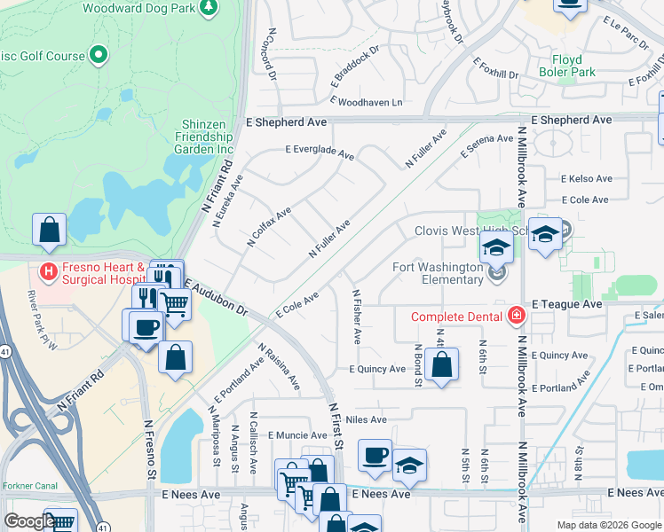 map of restaurants, bars, coffee shops, grocery stores, and more near 488 East Cole Avenue in Fresno