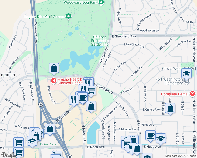 map of restaurants, bars, coffee shops, grocery stores, and more near 140 East Trenton Avenue in Fresno
