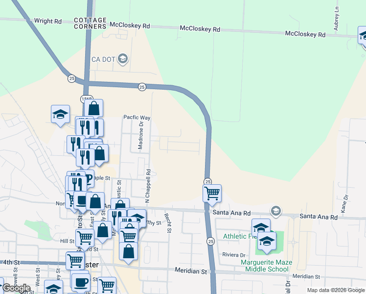 map of restaurants, bars, coffee shops, grocery stores, and more near 325 North Chappell Road in Hollister