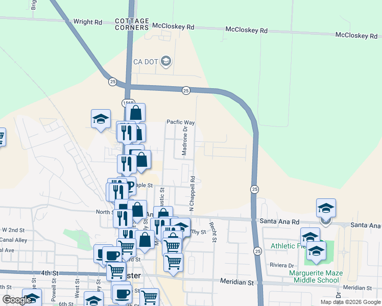 map of restaurants, bars, coffee shops, grocery stores, and more near 351 Madrone Drive in Hollister