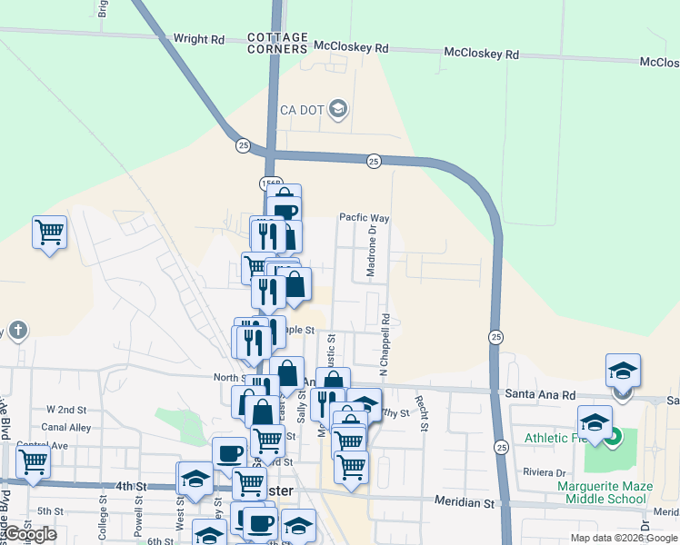 map of restaurants, bars, coffee shops, grocery stores, and more near 331 Rustic Street in Hollister