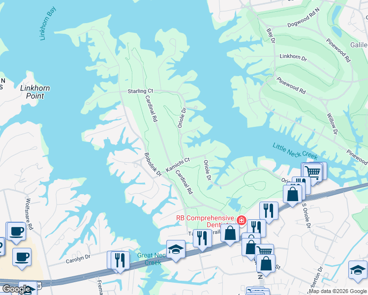 map of restaurants, bars, coffee shops, grocery stores, and more near 916 Oriole Drive in Virginia Beach