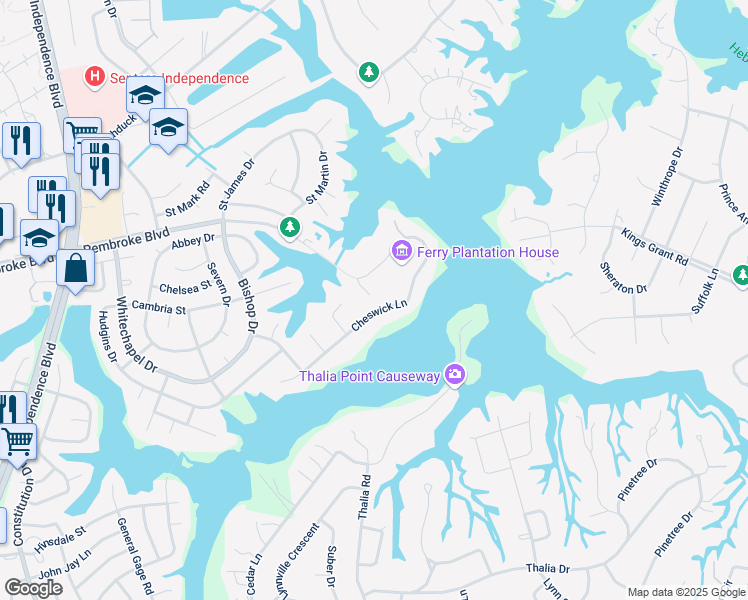 map of restaurants, bars, coffee shops, grocery stores, and more near 4192 Cheswick Lane in Virginia Beach