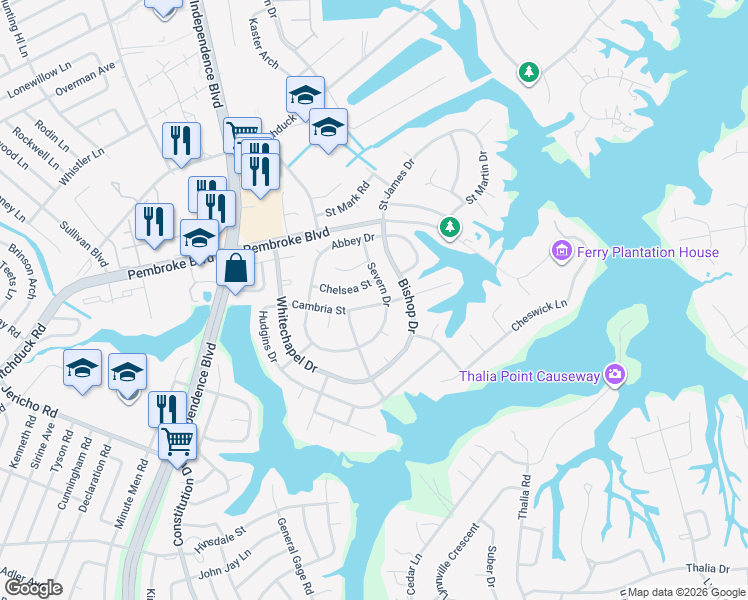 map of restaurants, bars, coffee shops, grocery stores, and more near 4409 Chelsea Street in Virginia Beach