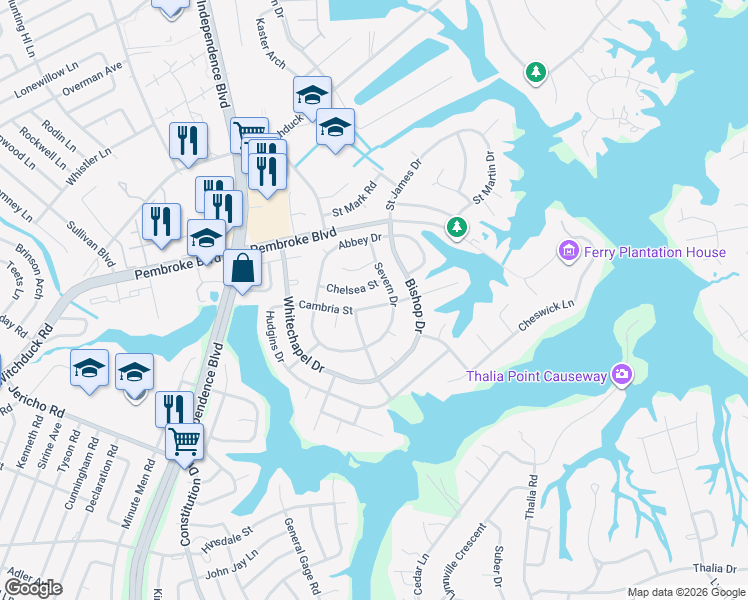 map of restaurants, bars, coffee shops, grocery stores, and more near 4409 Chelsea Street in Virginia Beach
