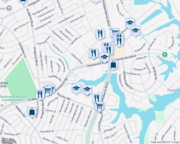 map of restaurants, bars, coffee shops, grocery stores, and more near 750 Emerald Lake Drive in Virginia Beach