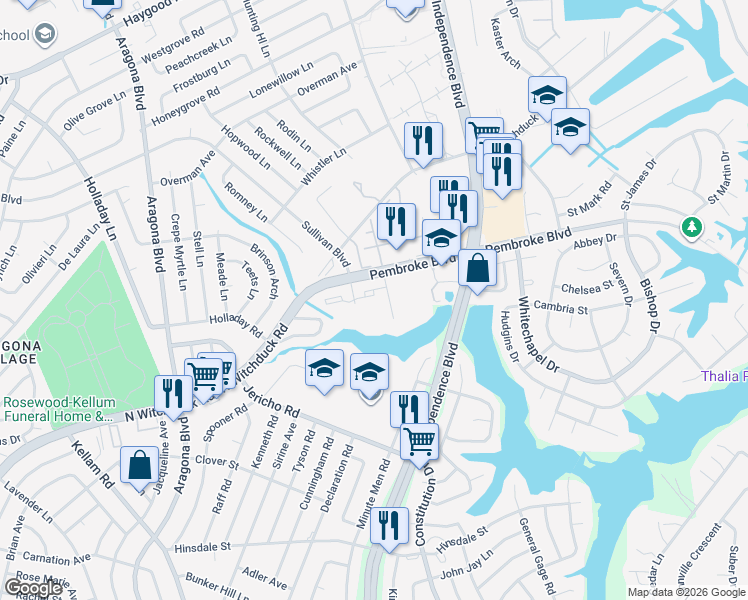 map of restaurants, bars, coffee shops, grocery stores, and more near 704 Moraine Court in Virginia Beach