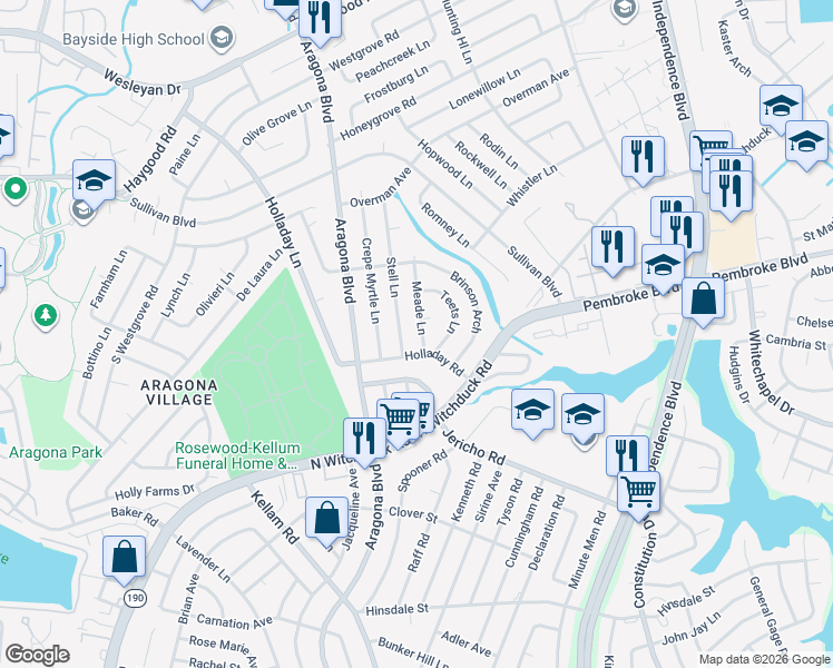 map of restaurants, bars, coffee shops, grocery stores, and more near 761 Meade Lane in Virginia Beach