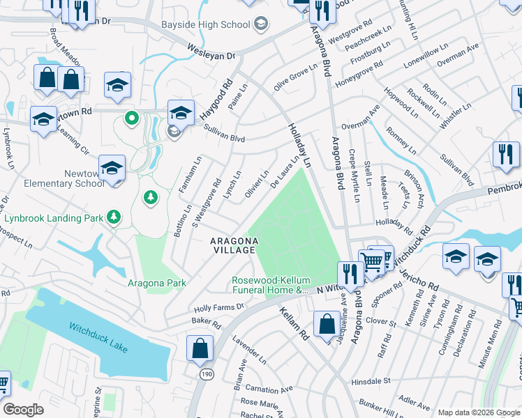 map of restaurants, bars, coffee shops, grocery stores, and more near 732 De Laura Lane in Virginia Beach