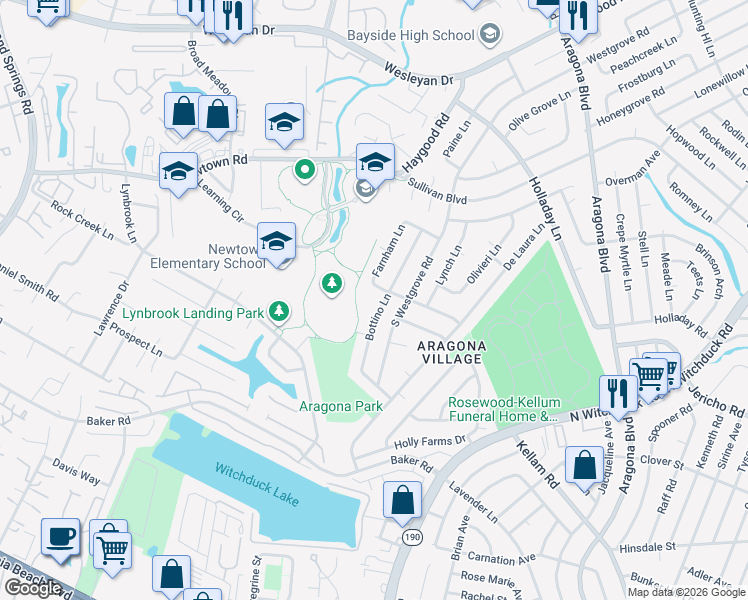 map of restaurants, bars, coffee shops, grocery stores, and more near 701 Bottino Lane in Virginia Beach
