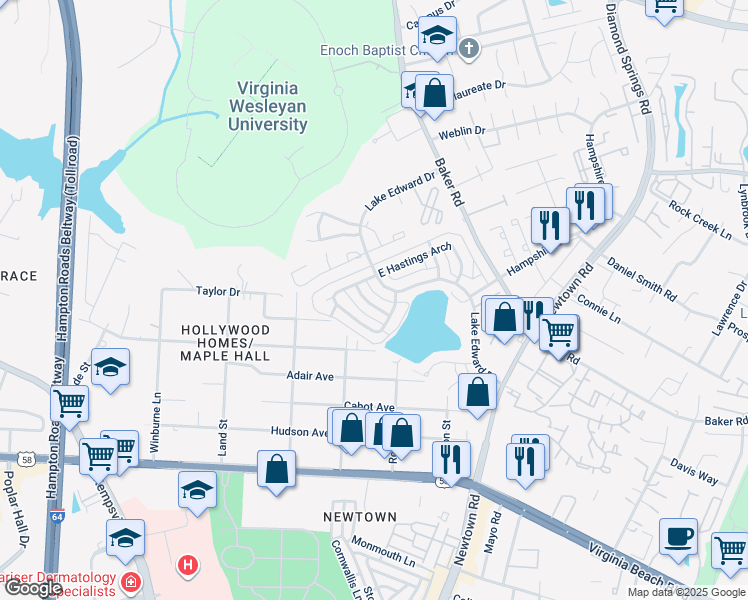 map of restaurants, bars, coffee shops, grocery stores, and more near 817 Lake Edward Drive in Virginia Beach