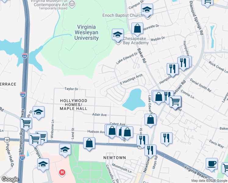 map of restaurants, bars, coffee shops, grocery stores, and more near 5830 West Hastings Arch in Virginia Beach
