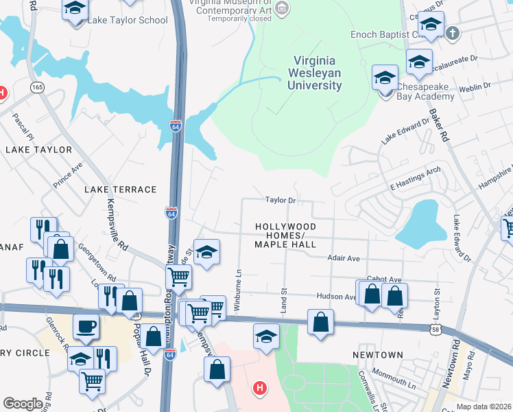 map of restaurants, bars, coffee shops, grocery stores, and more near 1234 Winburne Lane in Norfolk