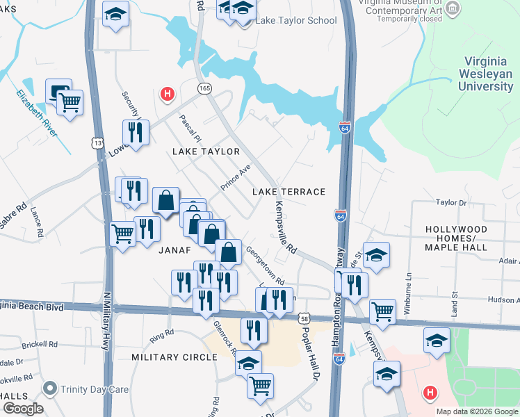 map of restaurants, bars, coffee shops, grocery stores, and more near 1139 Kempsville Road in Norfolk