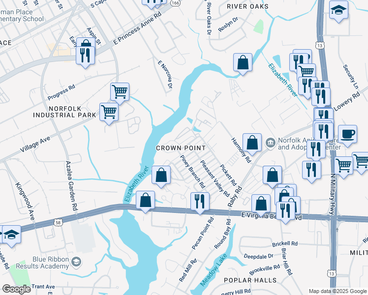map of restaurants, bars, coffee shops, grocery stores, and more near 5383 Greenplain Road in Norfolk