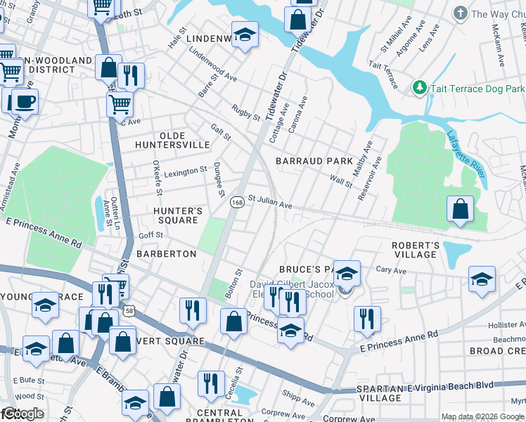 map of restaurants, bars, coffee shops, grocery stores, and more near 960 Gordon Street in Norfolk
