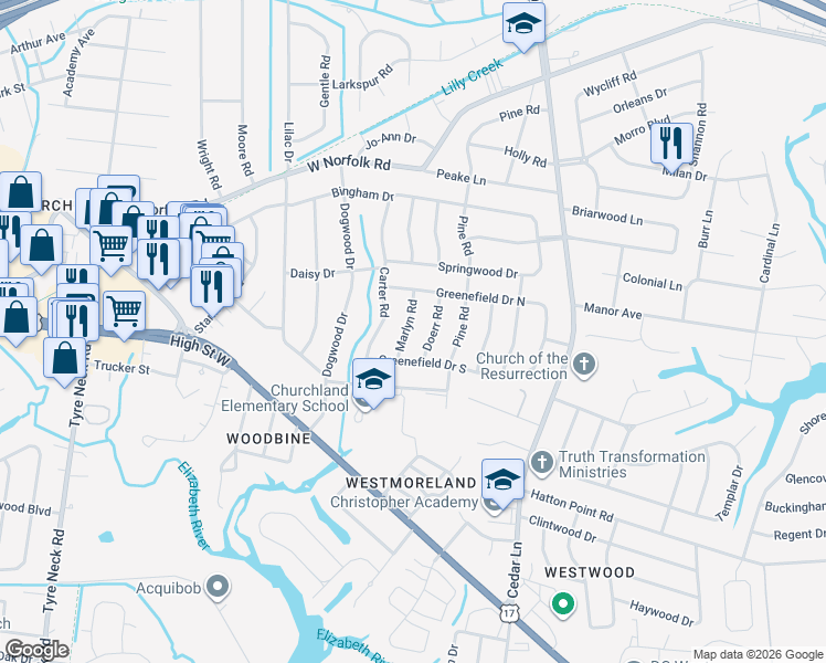 map of restaurants, bars, coffee shops, grocery stores, and more near 3517 Marlyn Road in Portsmouth