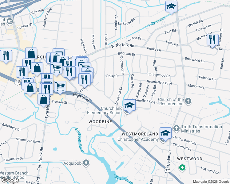 map of restaurants, bars, coffee shops, grocery stores, and more near 3214 Dogwood Drive in Portsmouth